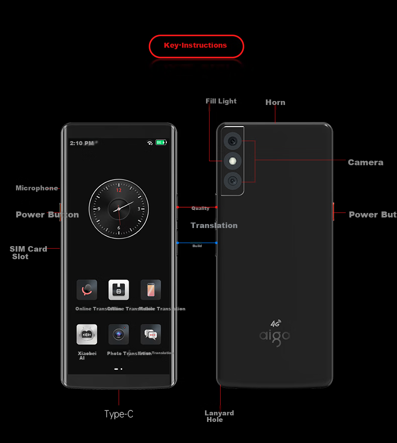 Aiguozhe Aigo 4G Translation Device, Multi-Language Offline Simultaneous Interpretation, Voice Intelligent Translator, Photo Translation, Real-Time Oral Translation for Overseas Travel, Black 16