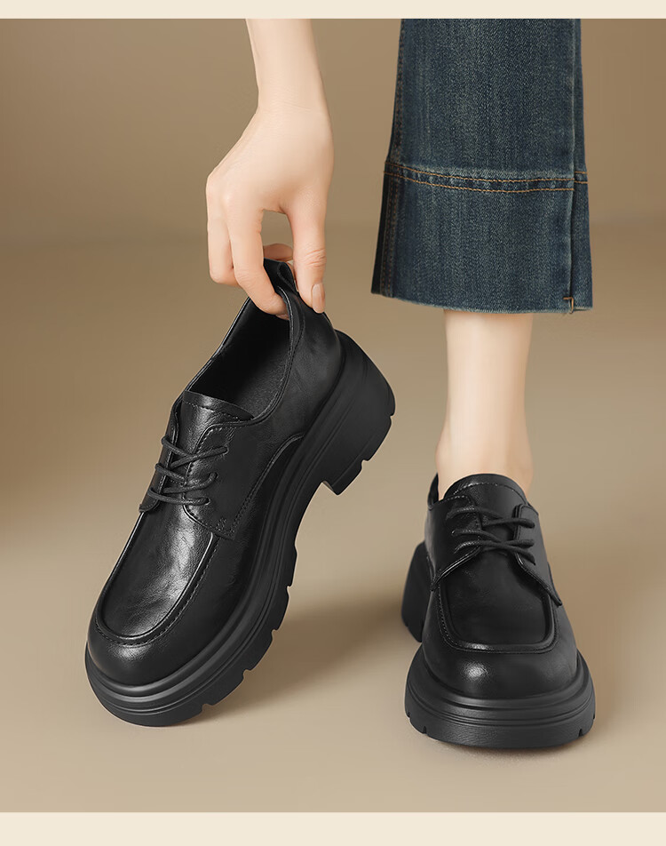 ZHR Women's Thick-Soled Loafers British Style Lace-Up Leather Shoes Platform Casual Flats AY273 Black Size 36 5
