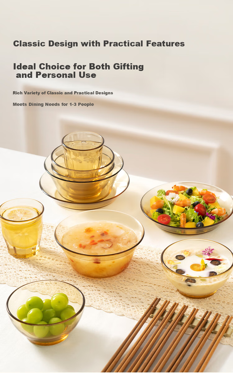 JD Original Bowl Set, Home Soup Noodle Glass Bowls Tableware Chopsticks Combination [Amber Color], 18-Piece Set 6
