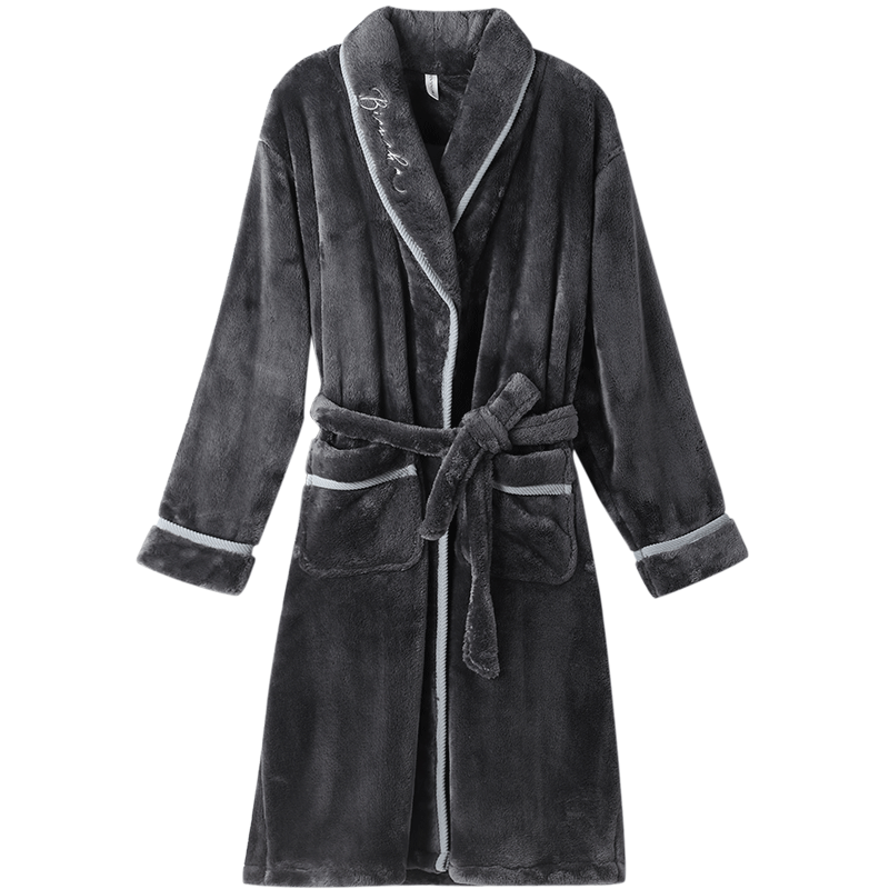 FENTENG Autumn Winter New Thickened Flannel Couple's Long Coral Fleece Bathrobe Men's Pajamas Homewear