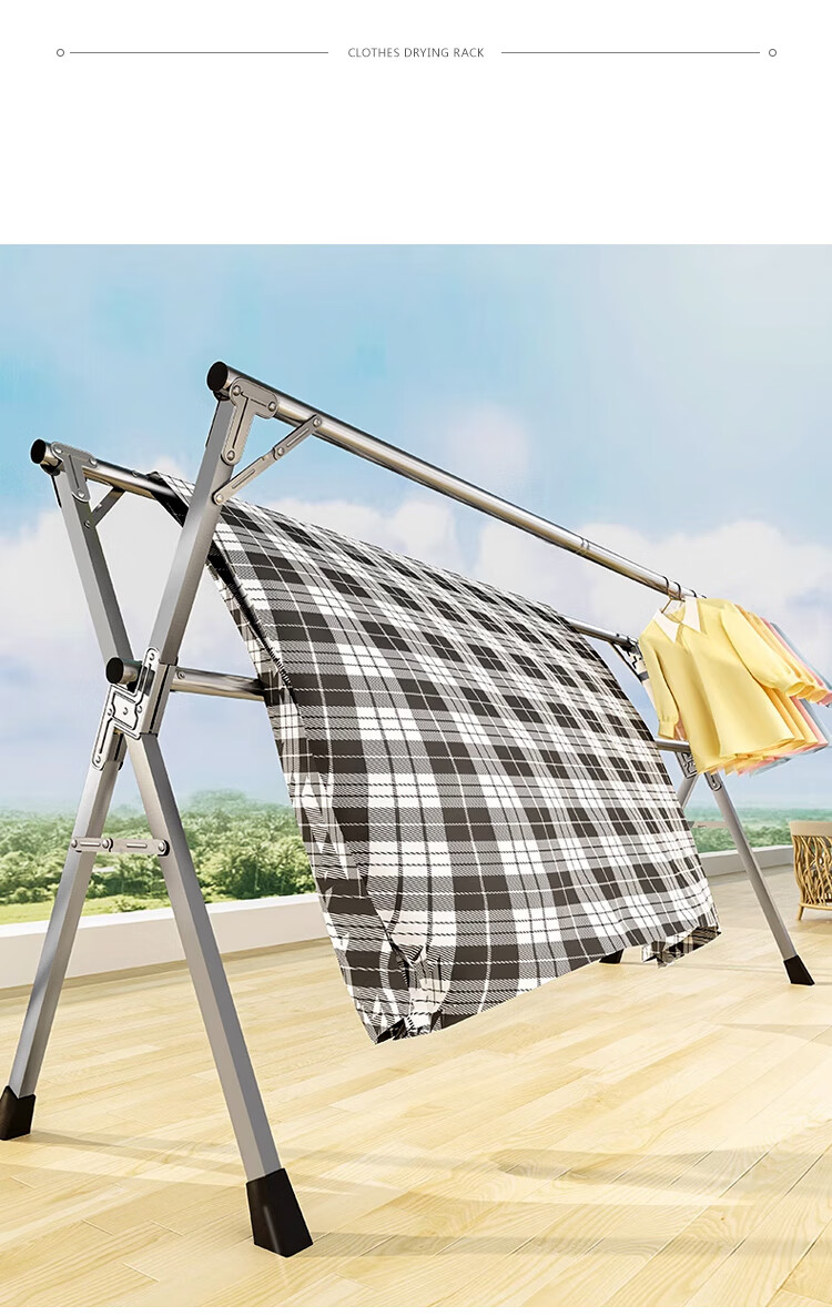 Annafu Clothes Drying Rack, No Installation Required, Foldable Floor-Standing Balcony Clothes Hanger, Extendable Quilt Drying Stand, YJ95 Three-Rod 2.4 Meters 8