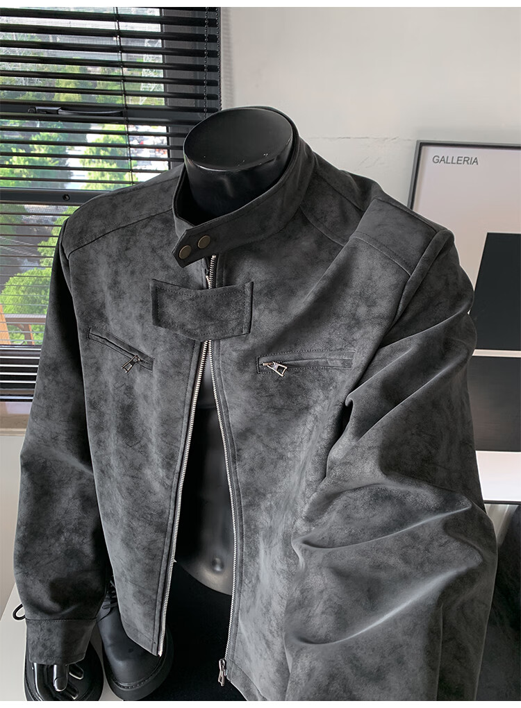 IZEXX Men's American Style Tie-Dye Jacket Autumn Winter Stand Collar Trendy Shoulder Motorcycle Leather Jacket ZGJ58 Black XL 5