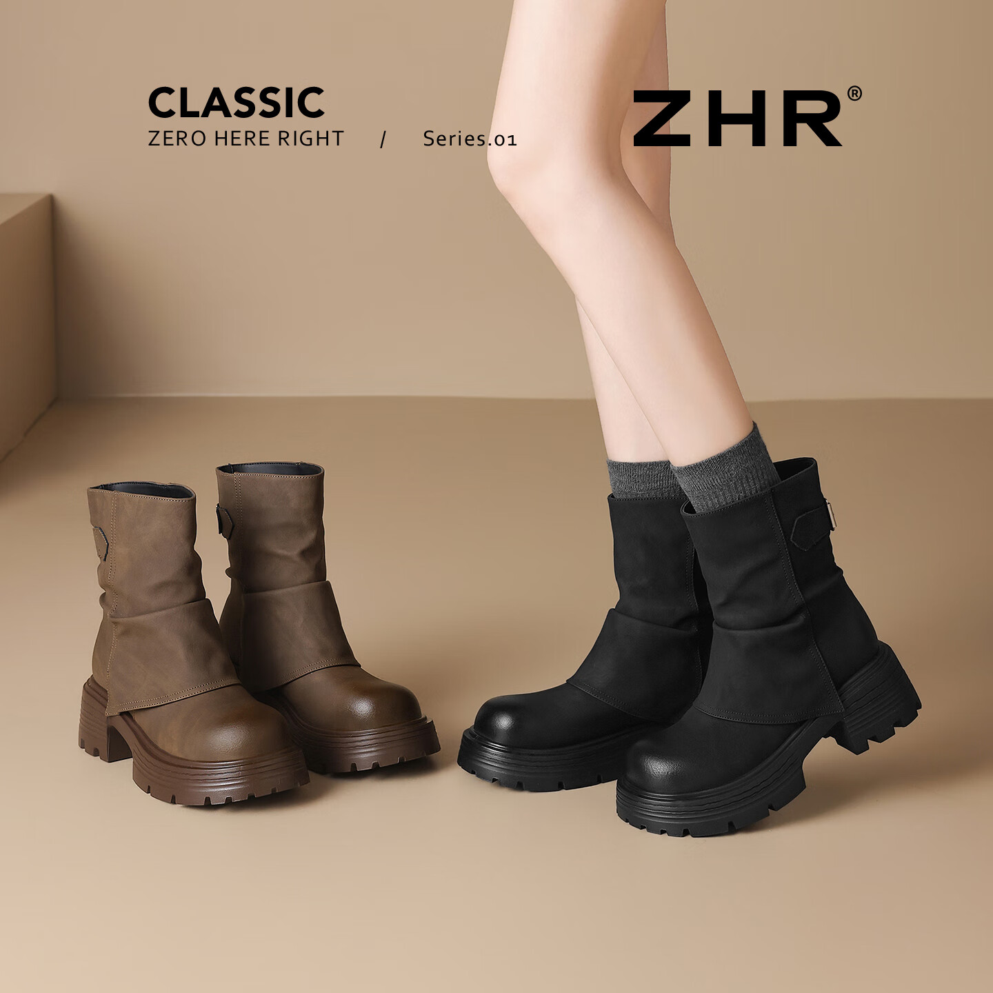 ZHR Women's Winter Martin Boots Thick Sole Stacked Short Boots Fleece-lined Pants Tube Western Knight Boots KN191AG Brown Size 36
