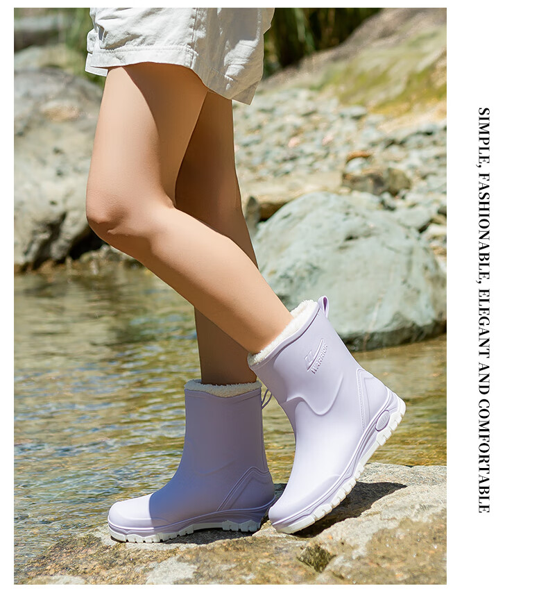 Warrior Women's Fashion Outdoor Rain Shoes Non-slip Waterproof Wear-resistant Rubber Rain Boots White Fleece-lined Cotton Covers Size S 20
