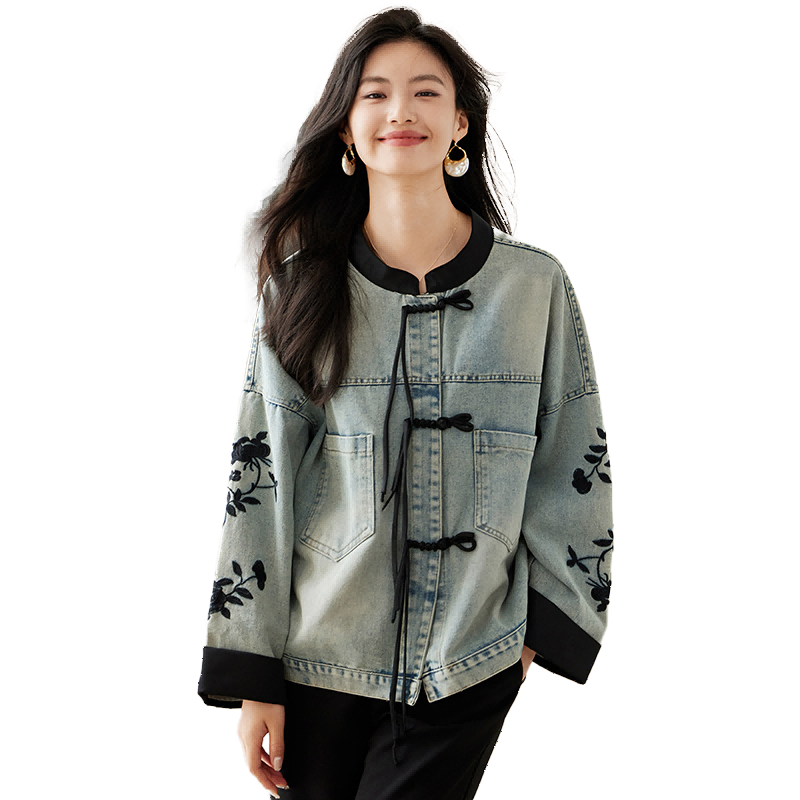 She Enjoy Women's Denim Jacket Retro Revival Chinese Style Embroidered Spring Autumn Denim Cardigan T143U5001