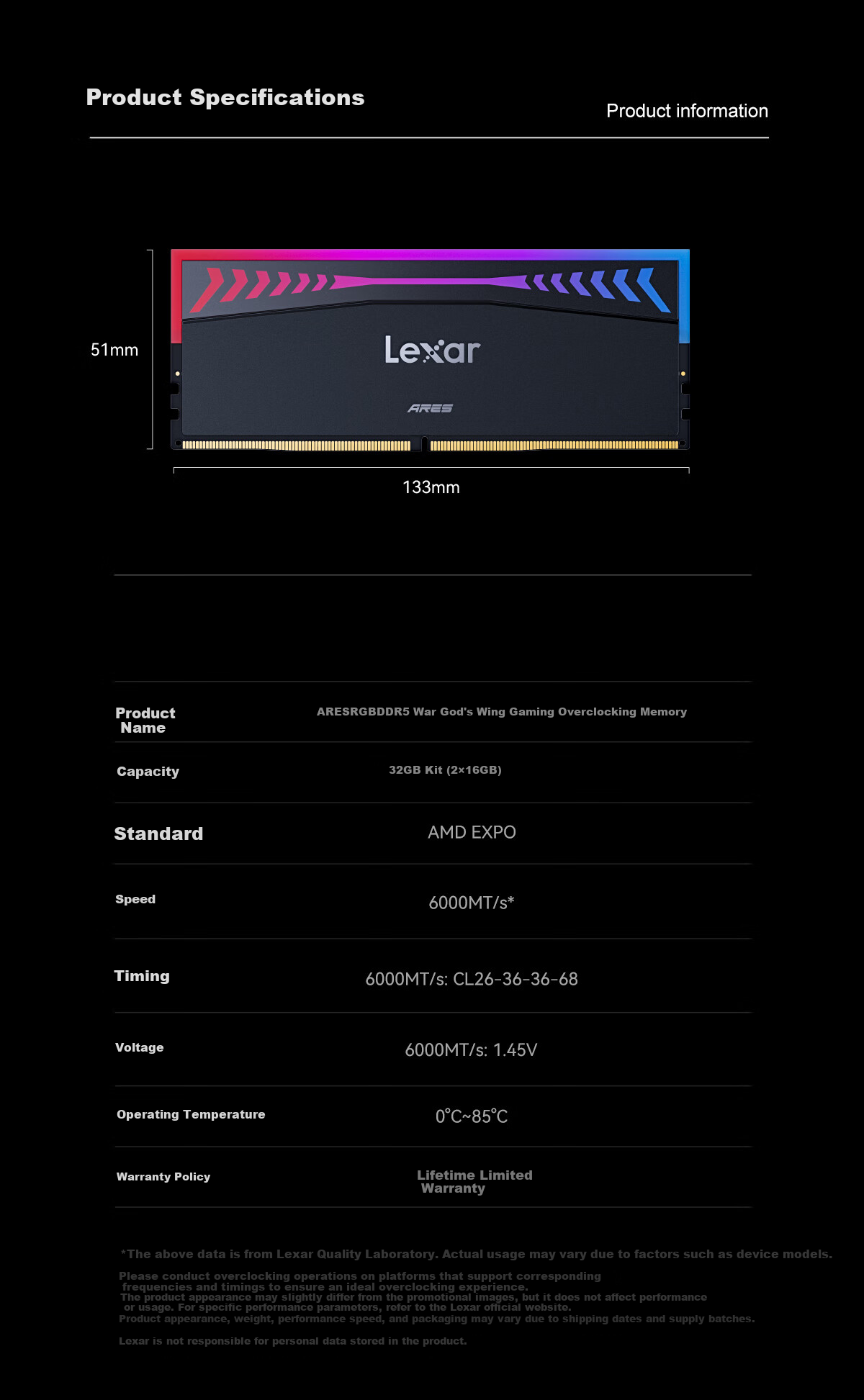 Lexar DDR5 6000 128GB (64GB×2) RGB Gaming Memory CL32 Hynix ARES War God Blade II Black 9