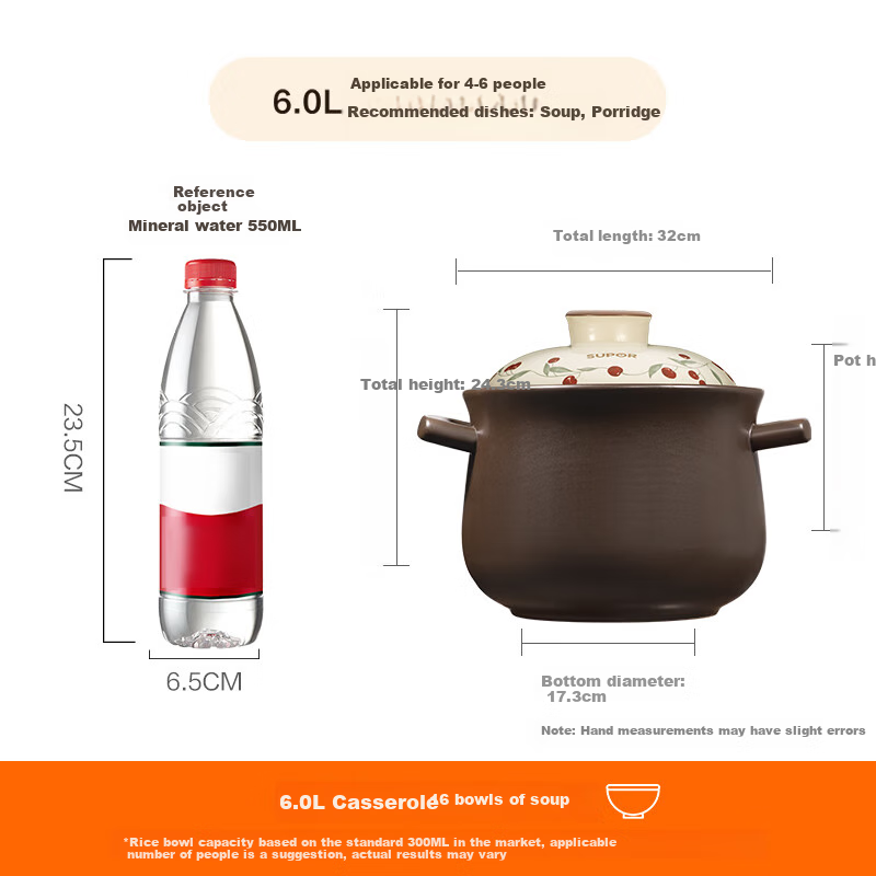 SUPOR Ceramic Pot for Stewing Chinese Medicine, Claypot Rice, Soup, High Temperature Resistant, Crack-Resistant, Suitable for Gas Stove, Stewing Pot, 6.0L