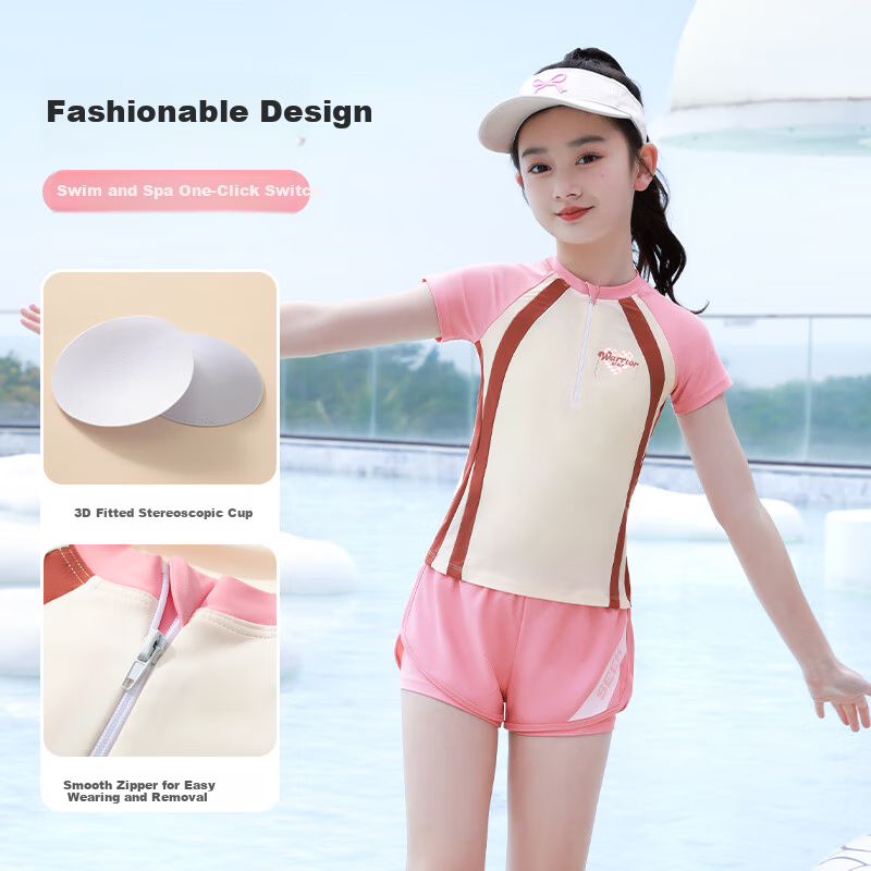 Huili Girls' Two-Piece Swimsuit, Sun Protection, Summer Swimwear for Older Children, Pink Set 35255, Size 120