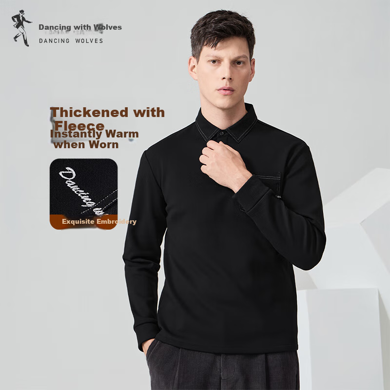 DANCING WOLVES [Fleece-Lined for Warmth] Autumn And Winter Fashionable Stitched Design Men's Long-Sleeve POLO Shirt, 001 Black, Size 175
