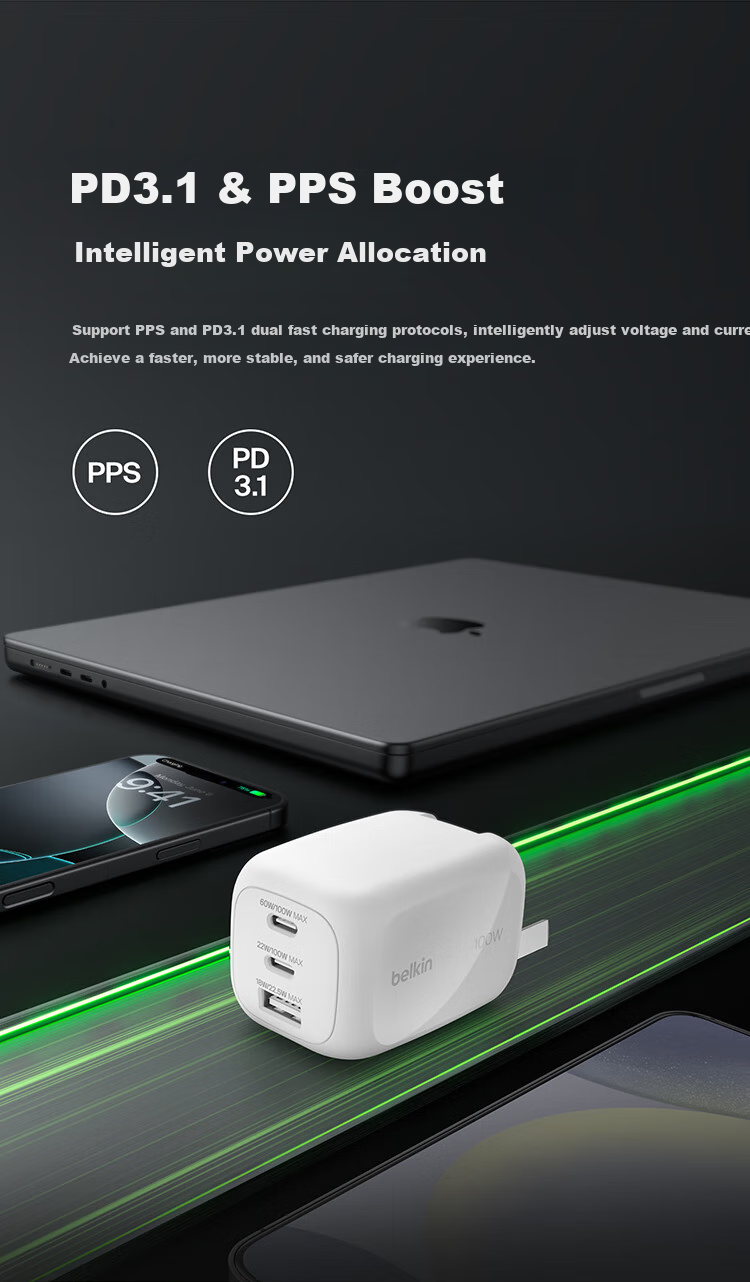 BELKIN Apple Charger, 100W Gallium Nitride 3-Port Fast Charging Adapter, Power Supply for Apple IPhone 17 Tablet, Compatible with PD3.1 And PPS Protocols 9