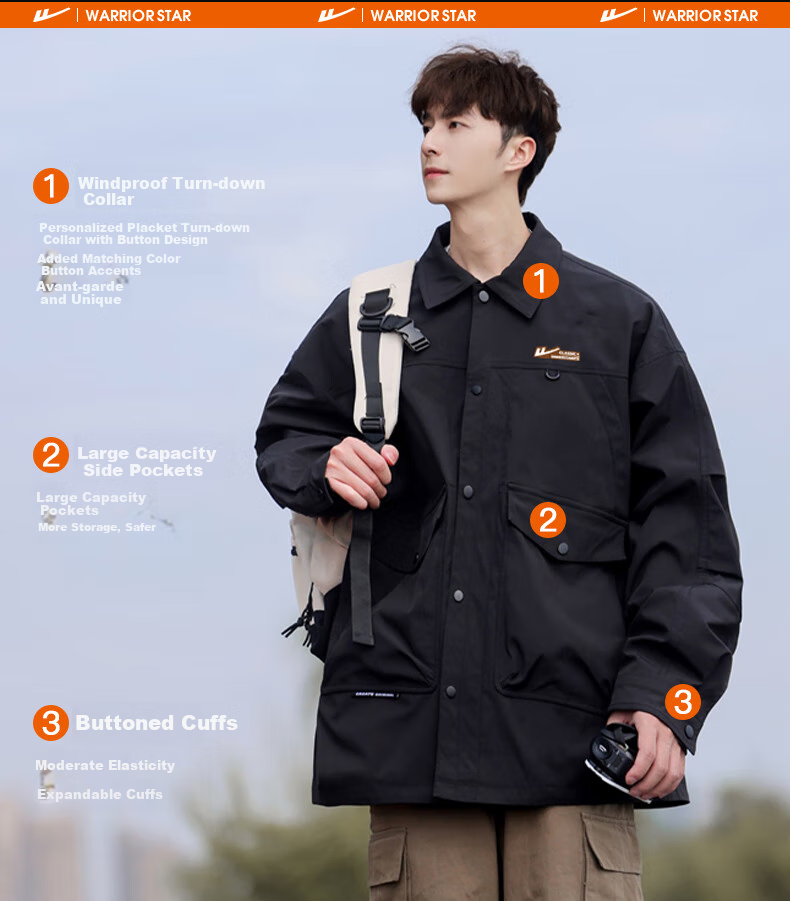 Huili Men's Autumn Jacket, Water-Repellent Lapel Jacket, Casual Simple Windproof Shirt Jacket for Men, Black, XL 5
