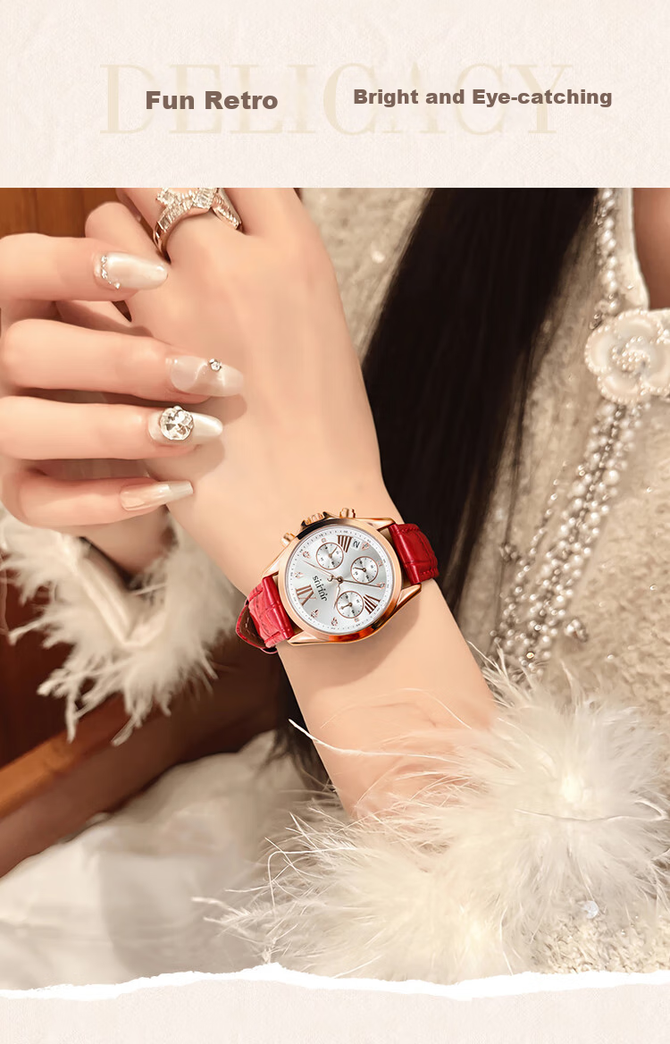 Julius Women's Watch with Calendar, Multifunctional Elegant Diamond-Studded Quartz Watch, Waterproof Ladies' Wristwatch, Brown JA-1482C 4