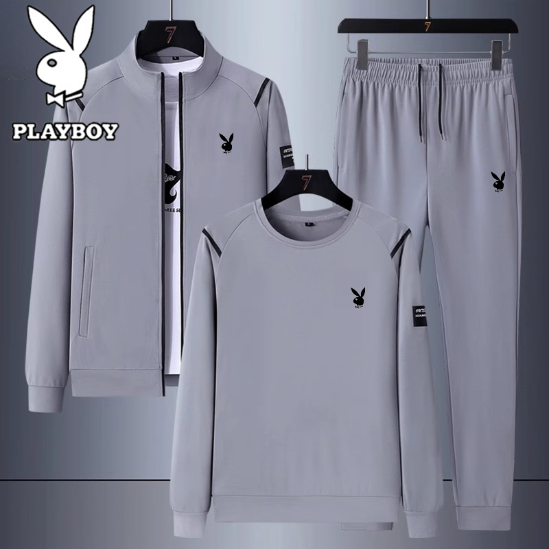 PLAYBOY Men's Sports Tracksuit Spring and Autumn Breathable Casual Oversized Loose Cardigan Three-Piece Set Gray XL