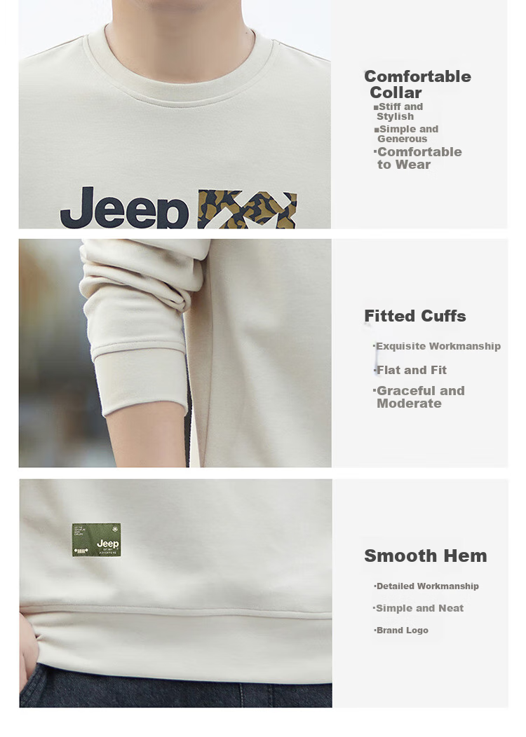 JEEP Men's Sweatshirt, Spring And Autumn Round Neck Loose Long Sleeve T-Shirt, Trendy Versatile Clothing for Men, Apricot Color, XL Size 3