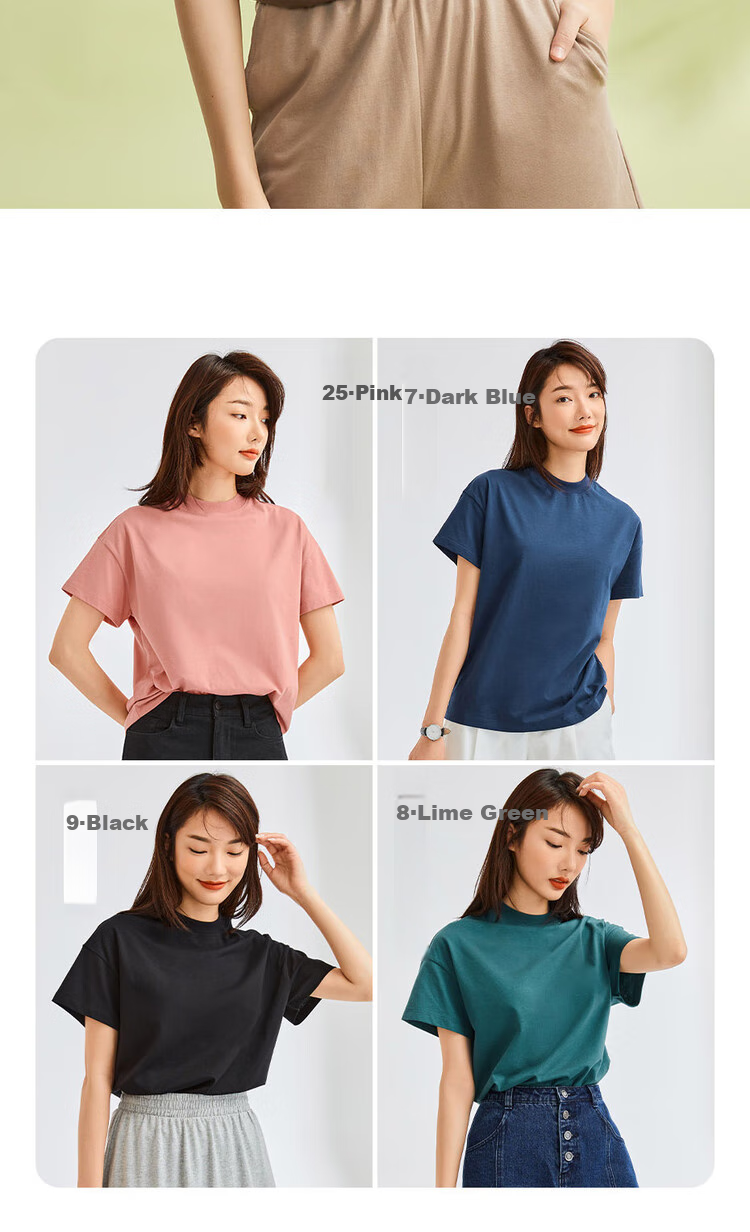 Giordano Women's T-Shirt, Pure Cotton, Skin-Friendly, Elegant Blouse, Comfortable Loose-Fitting Turtleneck Top, Short Sleeve, 05322396 19