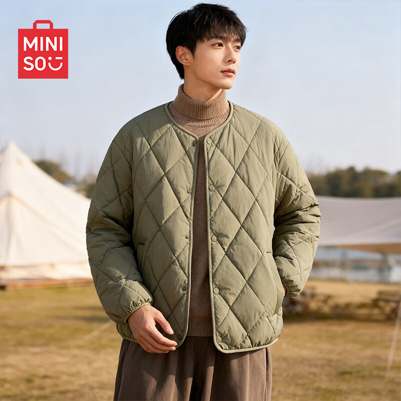 MINISO Men's Lightweight Quilted Collarless Cotton Jacket Autumn Winter Liner Warm Casual Cotton Coat Gray Green 2XL