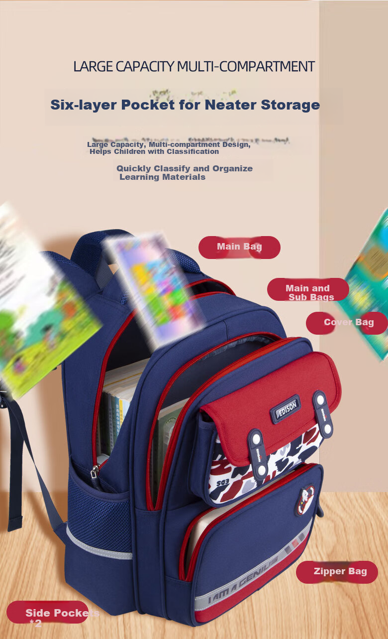 Edison Primary School Backpack for Girls, Spine Protection, Weight Reduction, Large Capacity, Water-Resistant, Reflective Children's Backpack 24016-5 8
