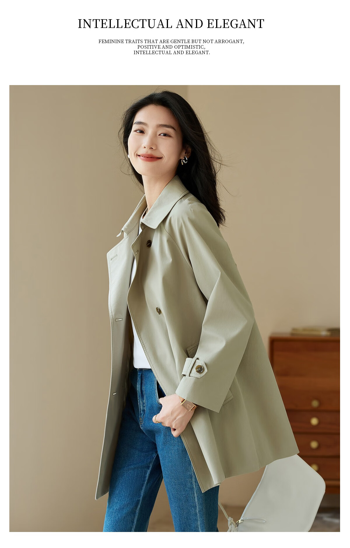 Chushen Spring And Autumn Casual Jacket for Women, Double-Breasted Windbreaker with Raglan Sleeves, British Retro Style Elegant Fashion Top S143U8002 9