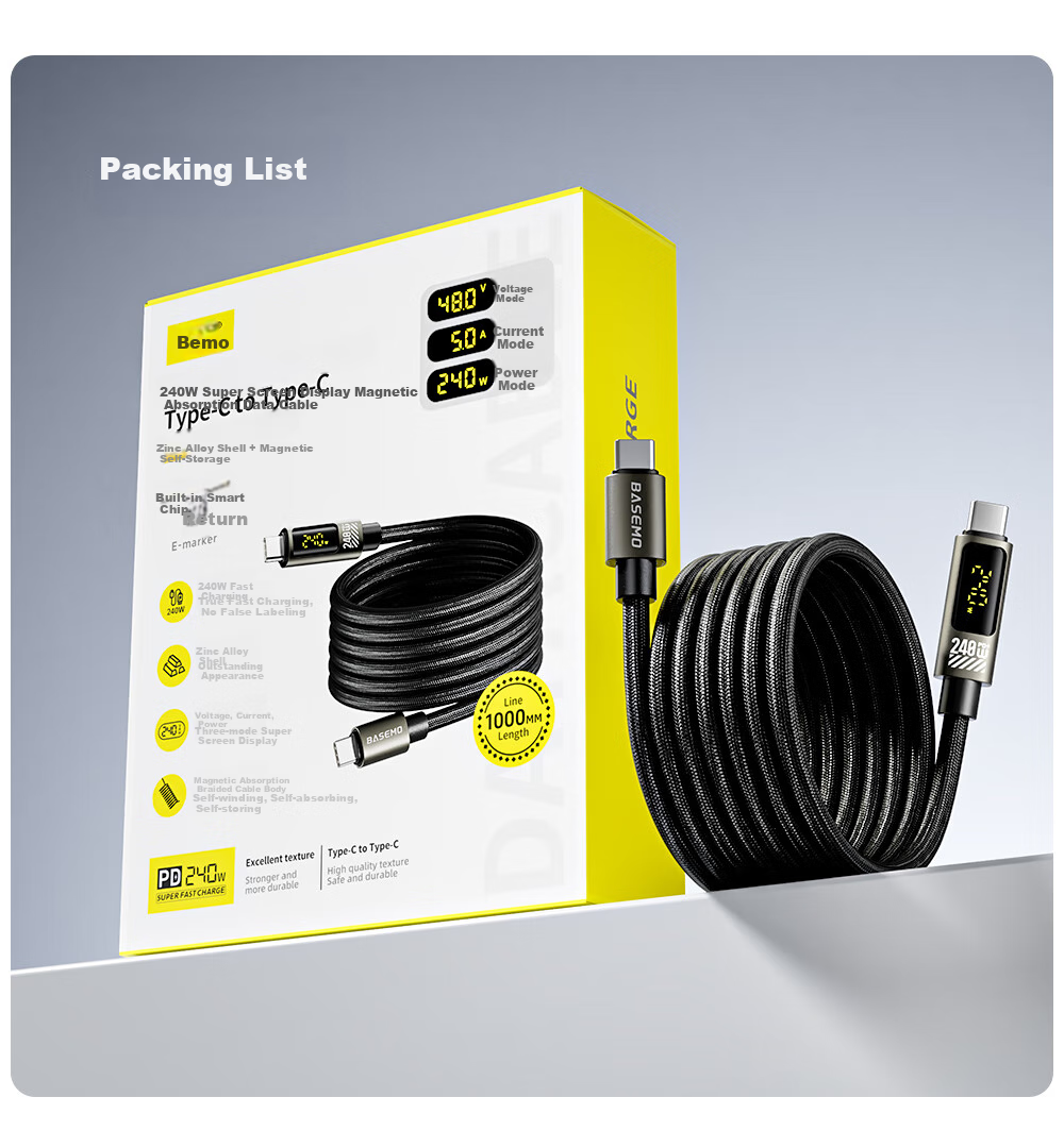 Beimo Magnetic Display Charging Cable, 240W Fast Charging Type-C Data Cable, Suitable for IPhone 18/17 Pro Max, Apple/Huawei/Xiaomi Phones, IPad/laptops, 1 Meter Black 6