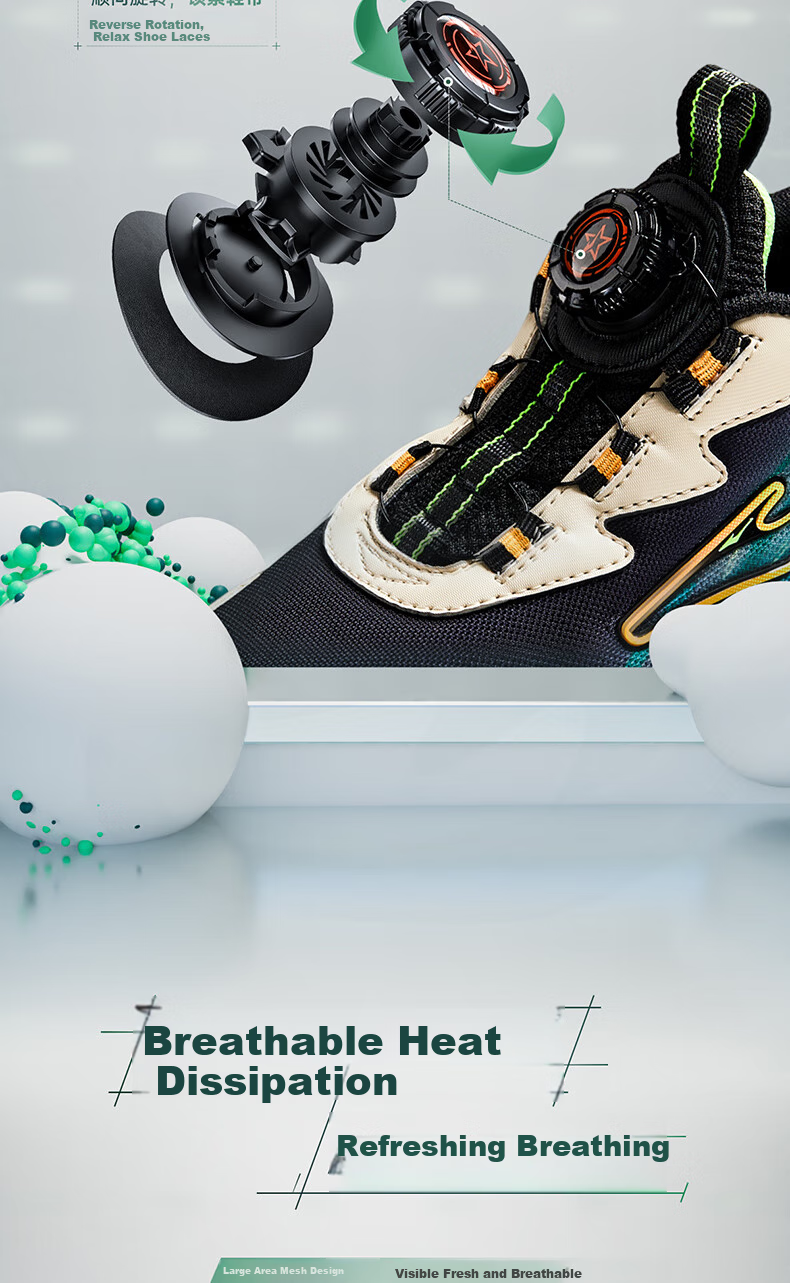 ERKE Children's Shoes, Big And Small Kids Running Shoes, Children's Rotary Buckle Sneakers, Yufeng Black/fluorescent Digital Green, Size 40 3