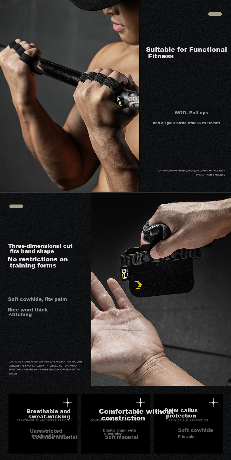 FITTER GEAR Fitness Gloves for Men, Single Bar Equipment Training, Weightlifting Cowhide Grip Assistance Band, Anti-Slip Palm Protection, Callus Preventio 5