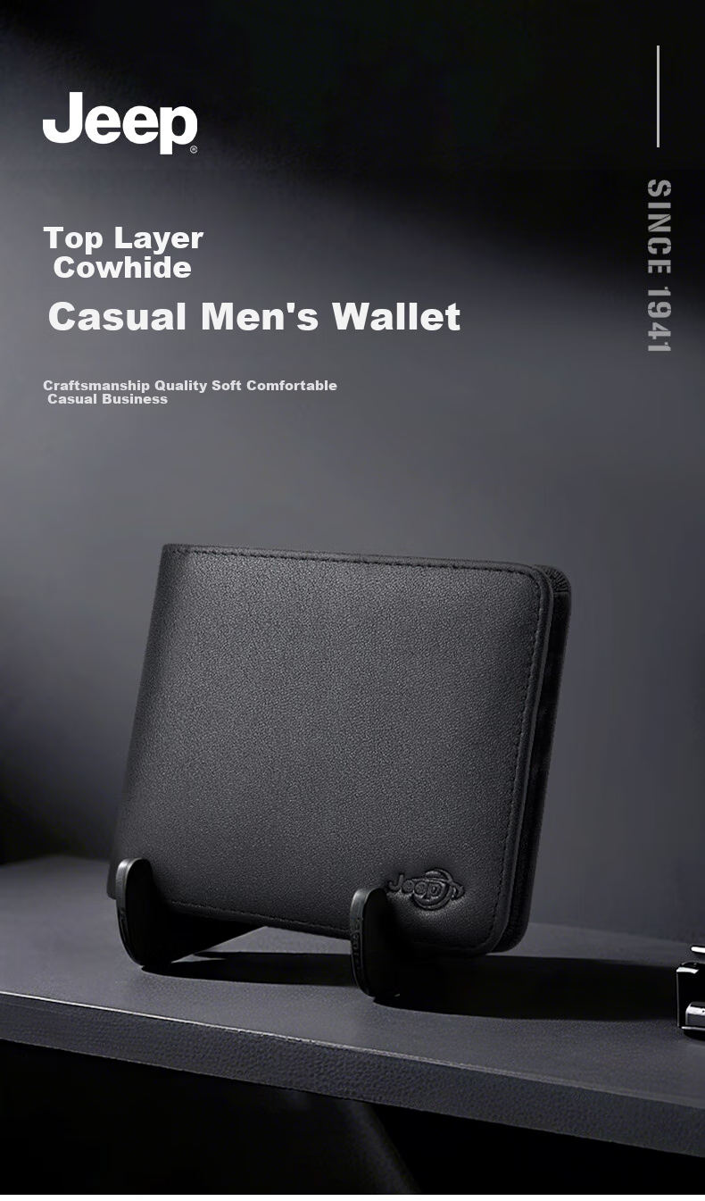 JEEP Wallet for Men, Short Style with Multiple Card Slots, Top-Grain Leather Billfold, Birthday Gift 1