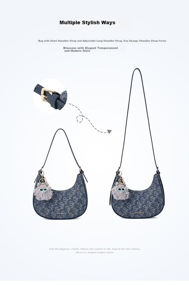 St&Sat Women's Handbag Shoulder Bag Tote Bag Underarm Bag Trendy Versatile Denim Blue Crescent Bag 520 Gift 4