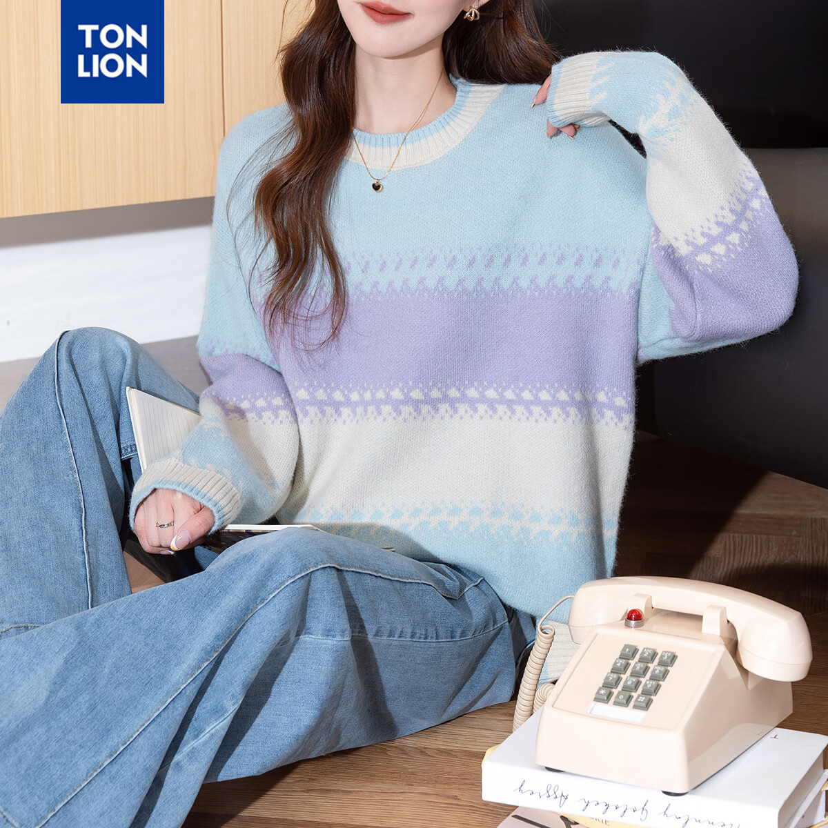 TonLion 2025 Autumn Women's Crew Neck Colorblock Wide Stripe Pullover Sweater Youthful Versatile Korean Casual Fashion