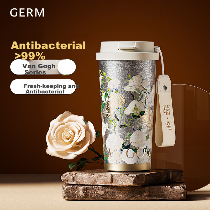 Germ Pure Titanium Insulated Mug, Van Gogh Co-Branded Dual-Drinking Straw Coffee Water Cup, Goddess Gift Titanium Cup 500ML Rose