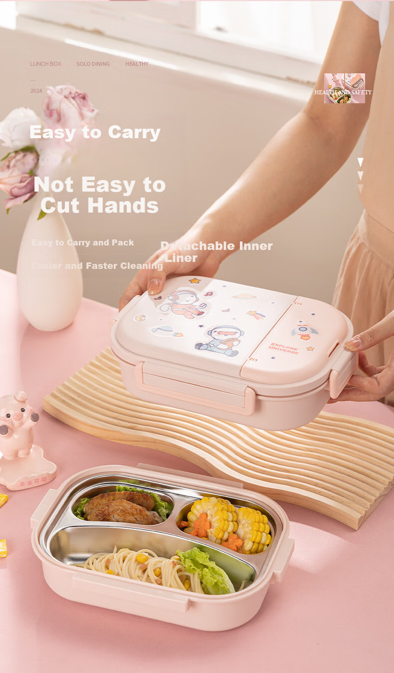 Guangyi 316 Stainless Steel Lunch Box for Elementary School Students And Office Workers, 3-Compartment Bento Box with Utensils And Soup Bowl + Bag GY7406 10