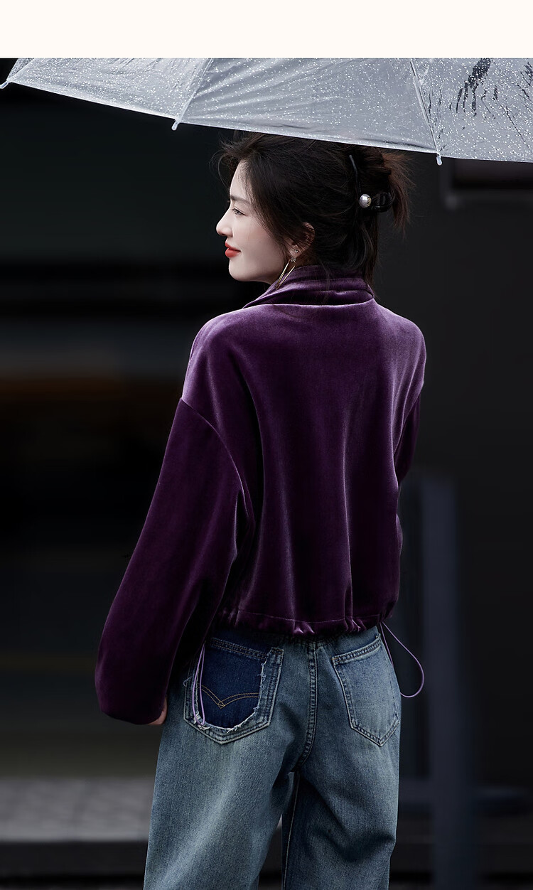 Demana Modern Luxury Spring Autumn Glossy Elegant Velvet Stand Collar Lantern Sleeve Adjustable Drawstring Hem Jacket for Women 14