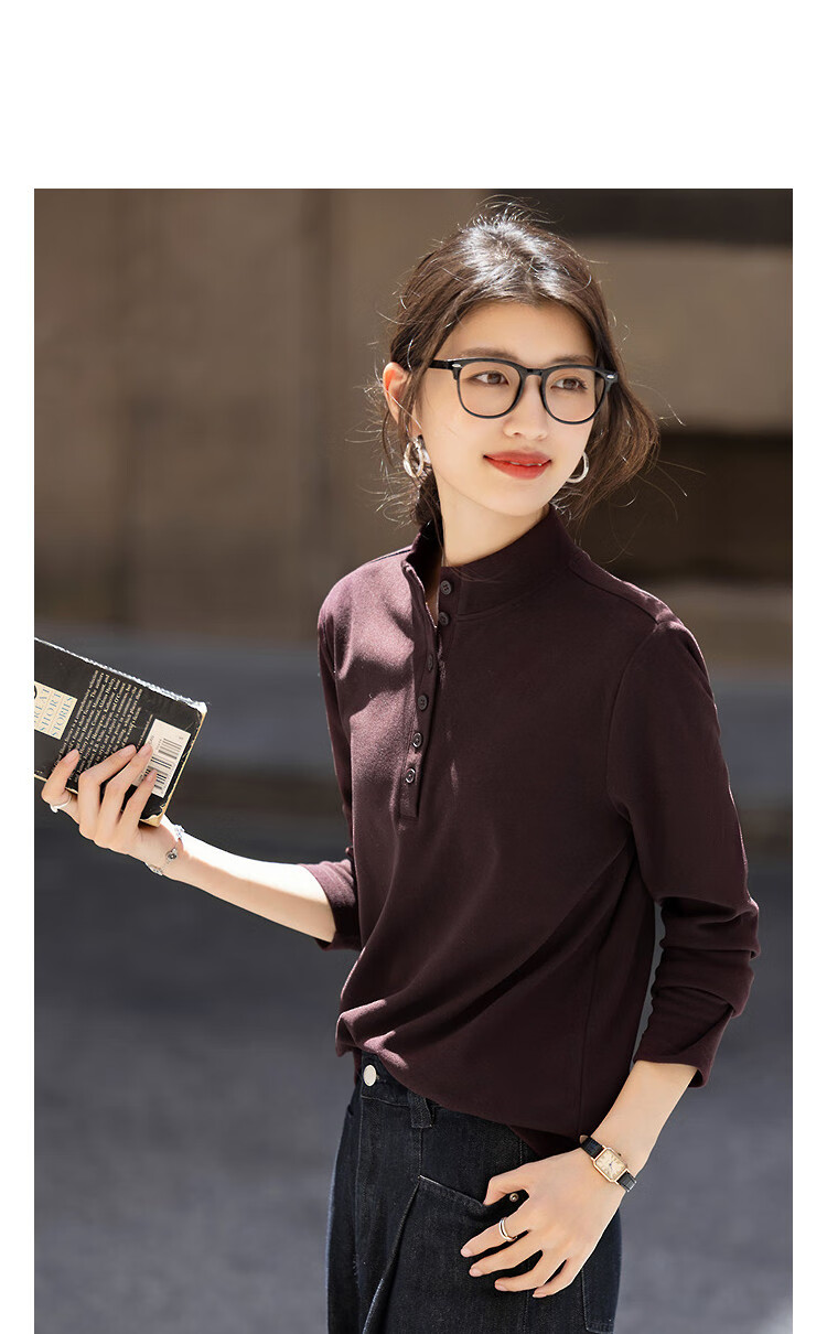 Demana 220G Thermal Warm Ginger Fleece Winter Warm Round Neck Buttoned Half-Placket Solid Color Spliced Women's T-Shirt 2