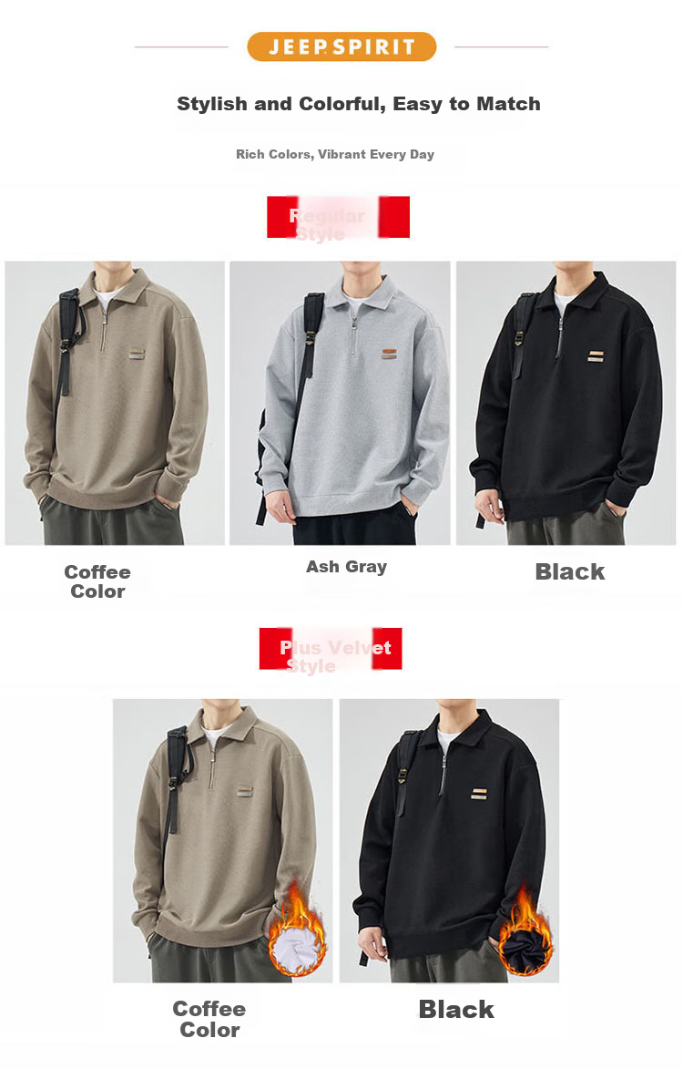 JEEP SPIRIT Men's Sweatshirt, Spring Casual Polo Shirt, Men's Long-Sleeve T-Shirt with Collar, Coffee Color, Size L 1