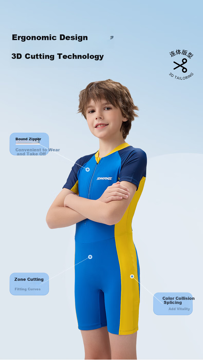 SWANS Children's Swimsuit, Boys' One-Piece Swimwear, Chlorine-Resistant, Quick-Drying, Sun Protection, Surfing Suit, Blue, Size 150 8