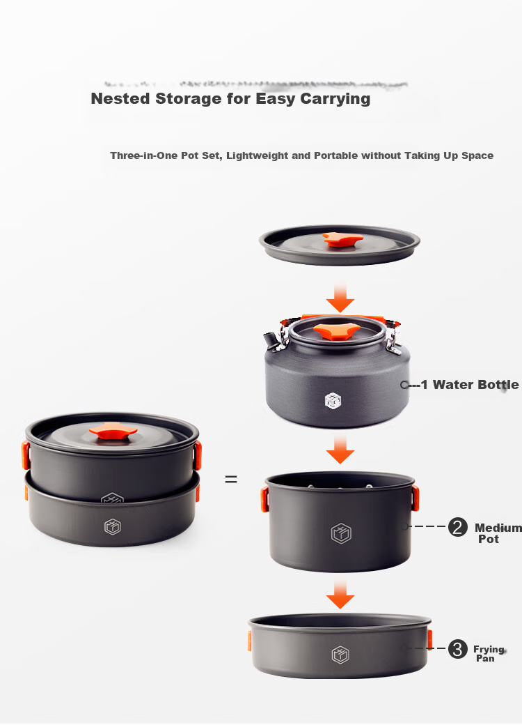 JD Original 304 Stainless Steel Kettle Cookware Set, Outdoor Camping Equipment, Portable Cooking Gear with Bag, Three-In Pot Set 4