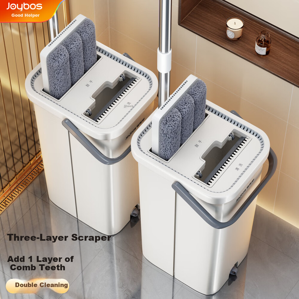 Jiabangshou Flat Mop with Scraper, 40cm Handle Length, 136cm Total Length, 4 Pieces with Cloth, Bucket And Scraper All-In Household Mop, No Hand Washing Required