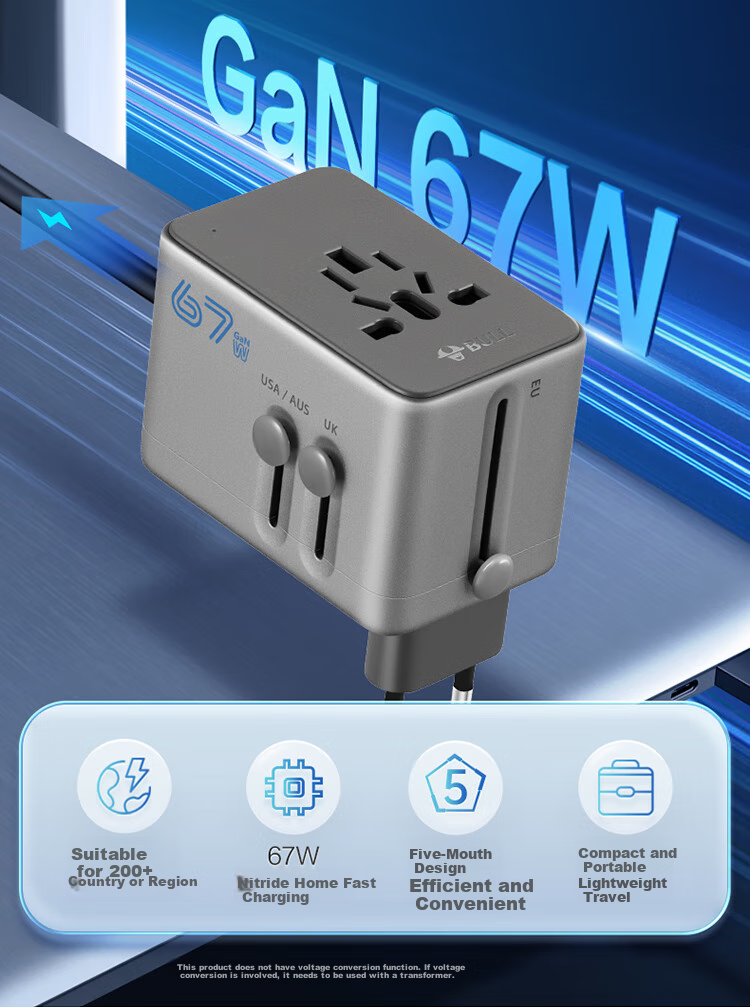BULL 67W Fast Charging USB Multi-Region Socket Adapter/Power Plug for International Travel, Business Trips, And Studying Abroad, High Power Protection Plug, European Standard, US Standard, Australian Standard, UK Standard GN-L10U67 2