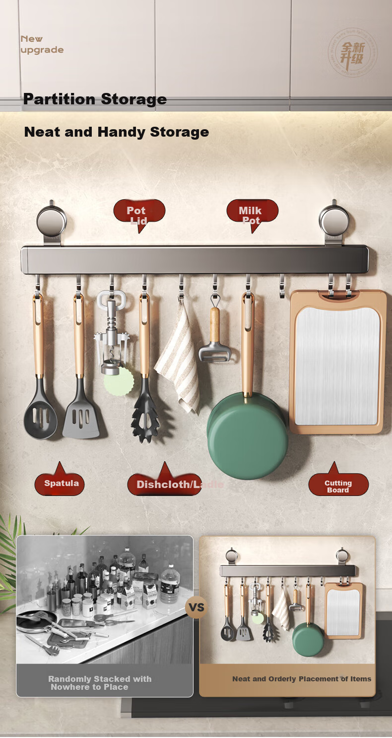 Yweel Milk White Suction Cup Kitchen Hook Rack, Hanging Rod Wall-Mounted Kitchen Utensil Hanger, Spoon And Spatula Storage Rack, Multifunctional 3