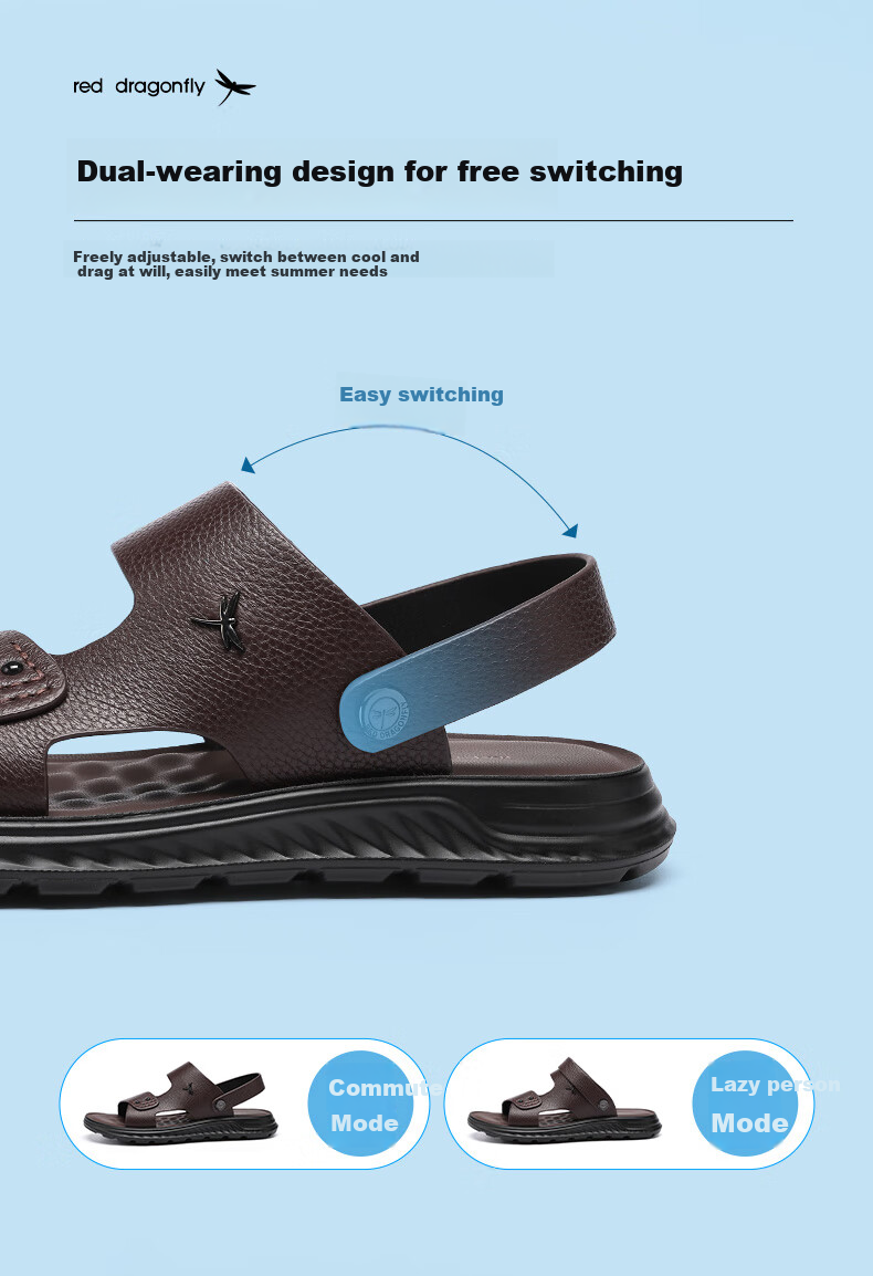 RED DRAGONFLY Leather Sandals for Men, Summer Breathable Casual Slippers, Cowhide Beach Shoes, Two-Way Wear WTT250021 Black Size 40 4