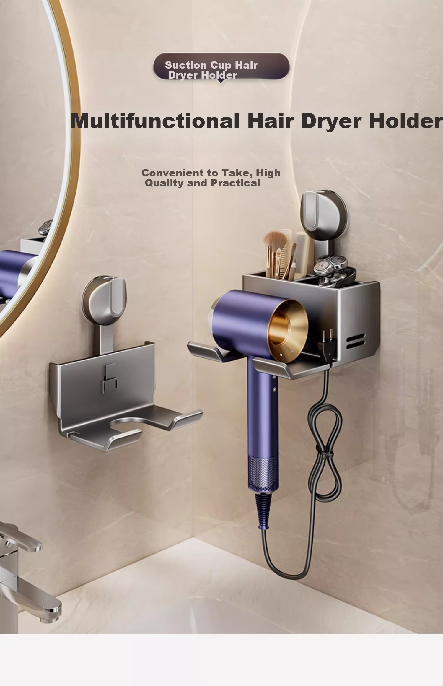 Baihan Suction Cup Bathroom Hair Dryer Holder, No Drilling Required Storage Rack, Bathroom Organizer Shelf, Stable Weight-Bearing Toilet Fan Hanger 1
