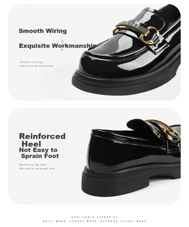 St&Sat Women's Spring Soft-Soled Flats, Girls' Black Leather Shoes, Loafers, Parent-Child Shoes, Slip-On Versatile Style, Black, Size 33 14