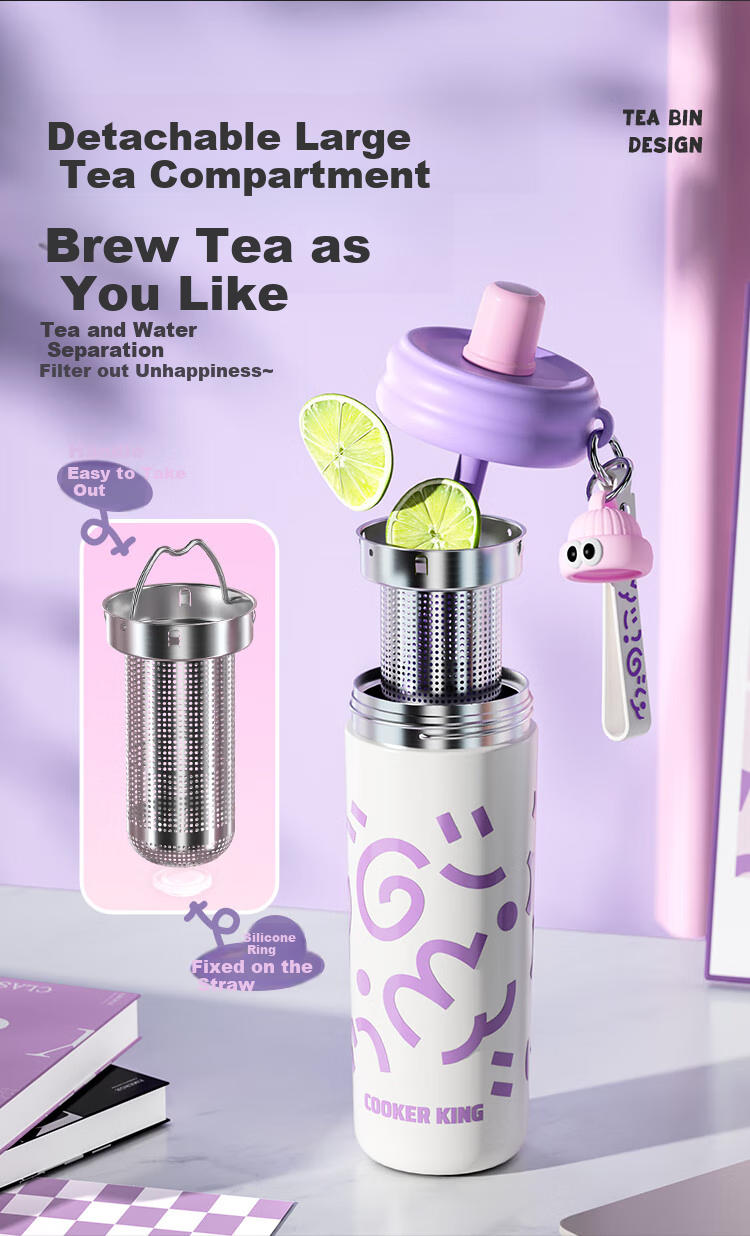 COOKER KING Insulated Mug, 316 Stainless Steel, Stylish Design for Women, Tea Infuser Cup with Straw, Large Capacity Water Bottle for Children, 600ml 4