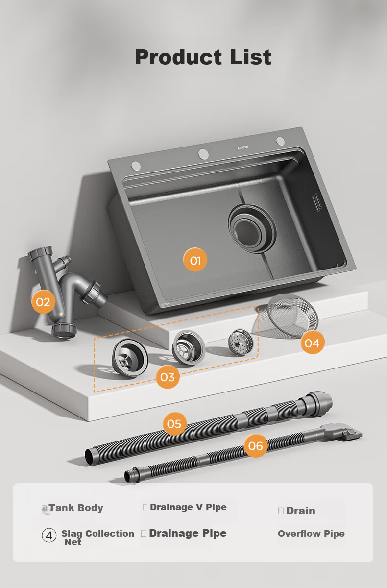 ARROW Kitchen Sink Gun Gray Nano Wide-Edge Large Single Bowl, Integrated Undermount Sink for Kitchen, Dishwashing And Vegetable Washing Table 23