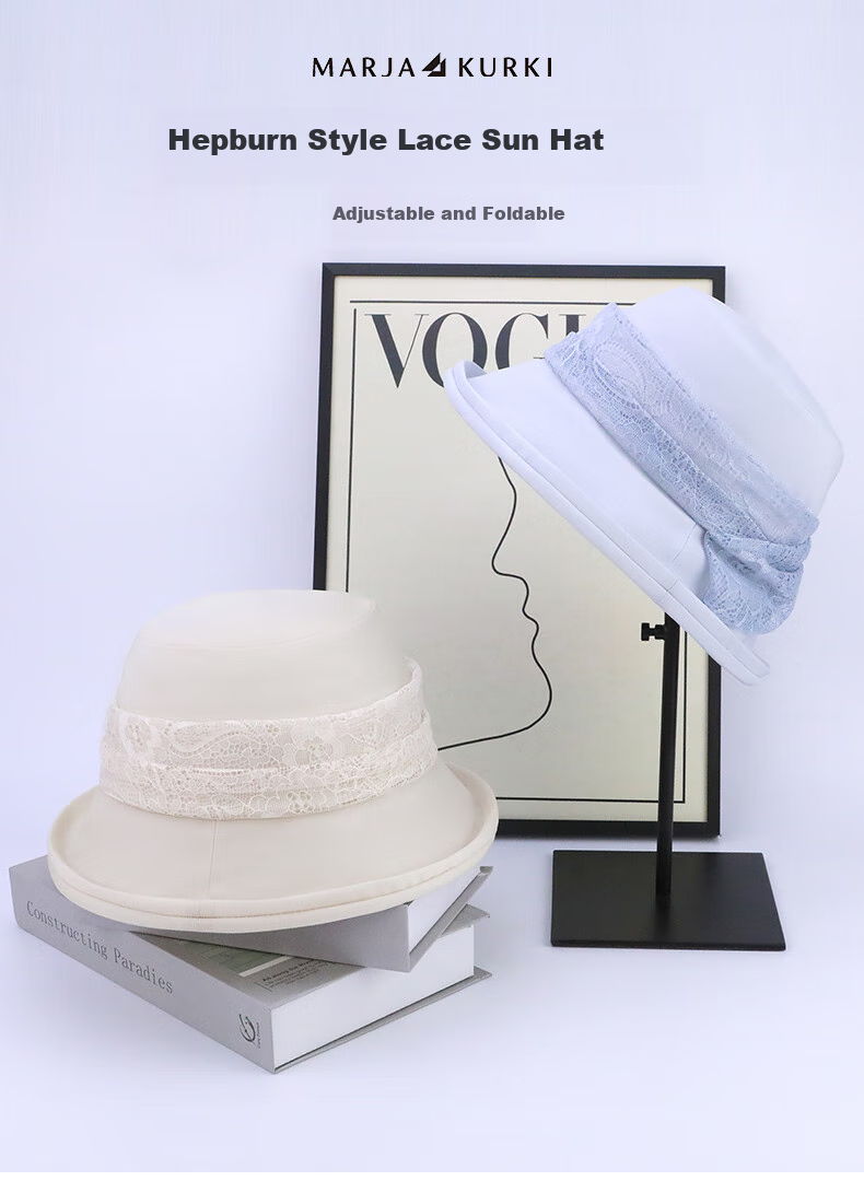 MARJA KURKI High-Quality Birthday Gift for Mom, Lace Mulberry Silk Hat, Ultra-Light Portable Sun Hat, Bucket Hat, Moon Lace Gray Blue 1