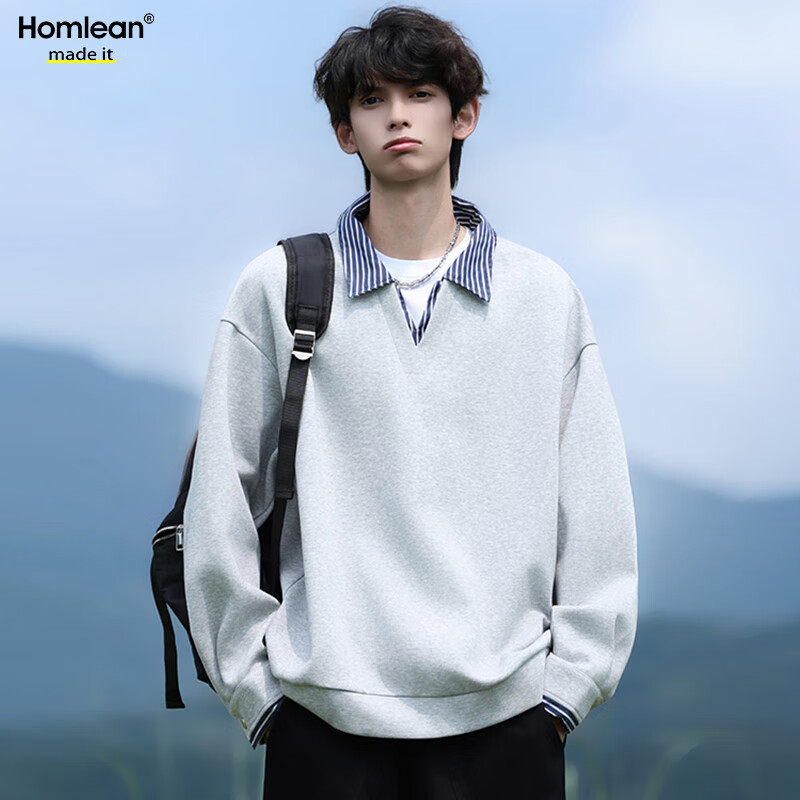 Homlean Faux Two-Piece Lapel Sweatshirt, Spring Men's American Trendy Versatile Loose Casual Top, HP02 Flax Gray, XL