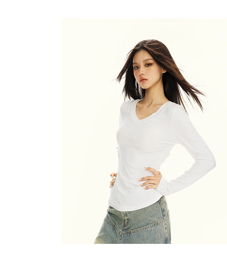 La Chapelle Black V-Neck Long Sleeve Slim Fit T-Shirt for Women 2025 Autumn Winter New Black XL 16