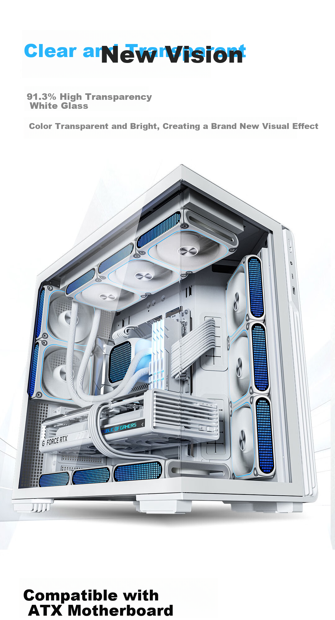 Aigo Starry Sky White Gaming Desktop Computer Case, ATX Motherboard, Supports 360mm Water Cooling, Left And Right Compartment Design, 5090 Graphics Card Compatible 13