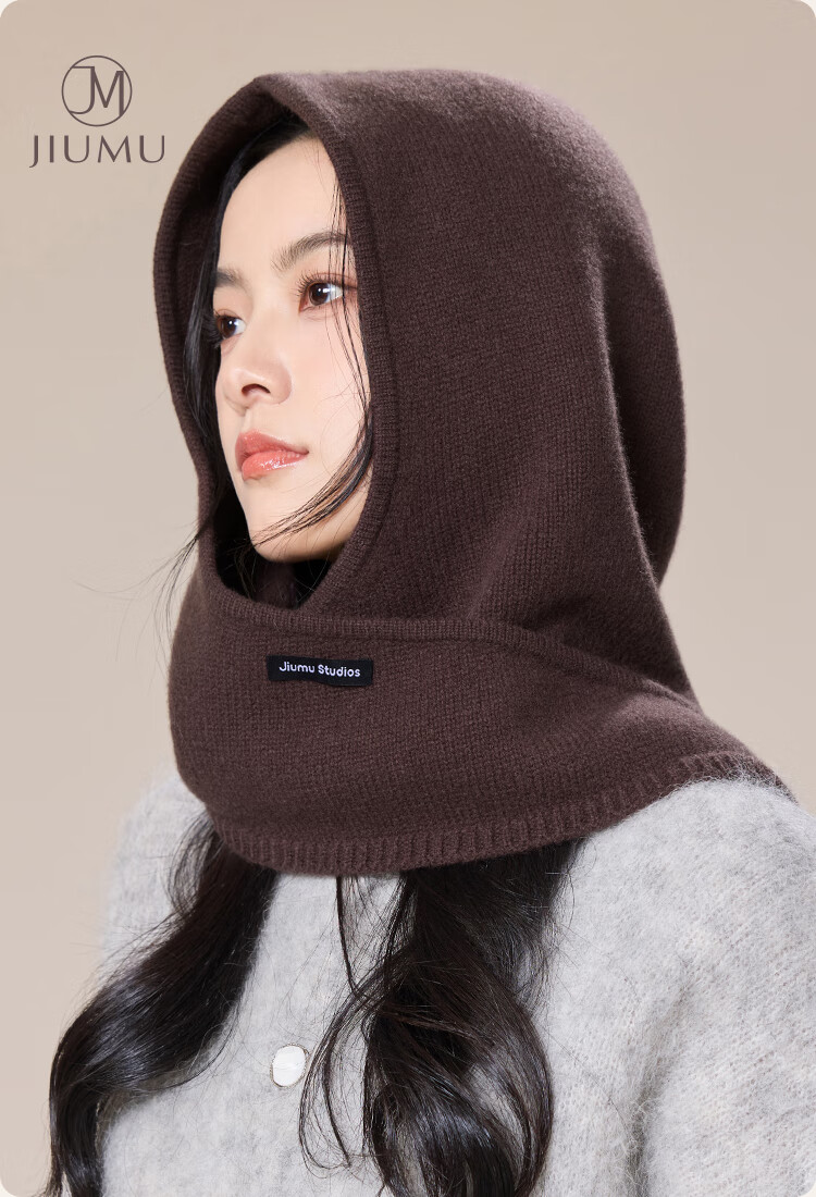 JIUMU Pure Wool Warm Knitted Balaclava Hat for Women Autumn Winter Cold-Resistant Hat with Integrated Hood and Scarf 1