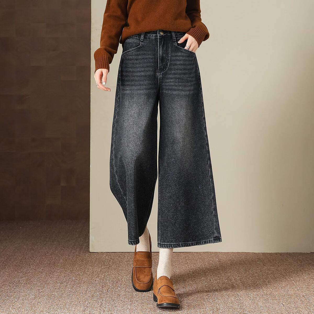 Dme Fleece-Lined Winter Warm High-Waist Cloud Cotton Wide-Leg Distressed Cropped Jeans for Women