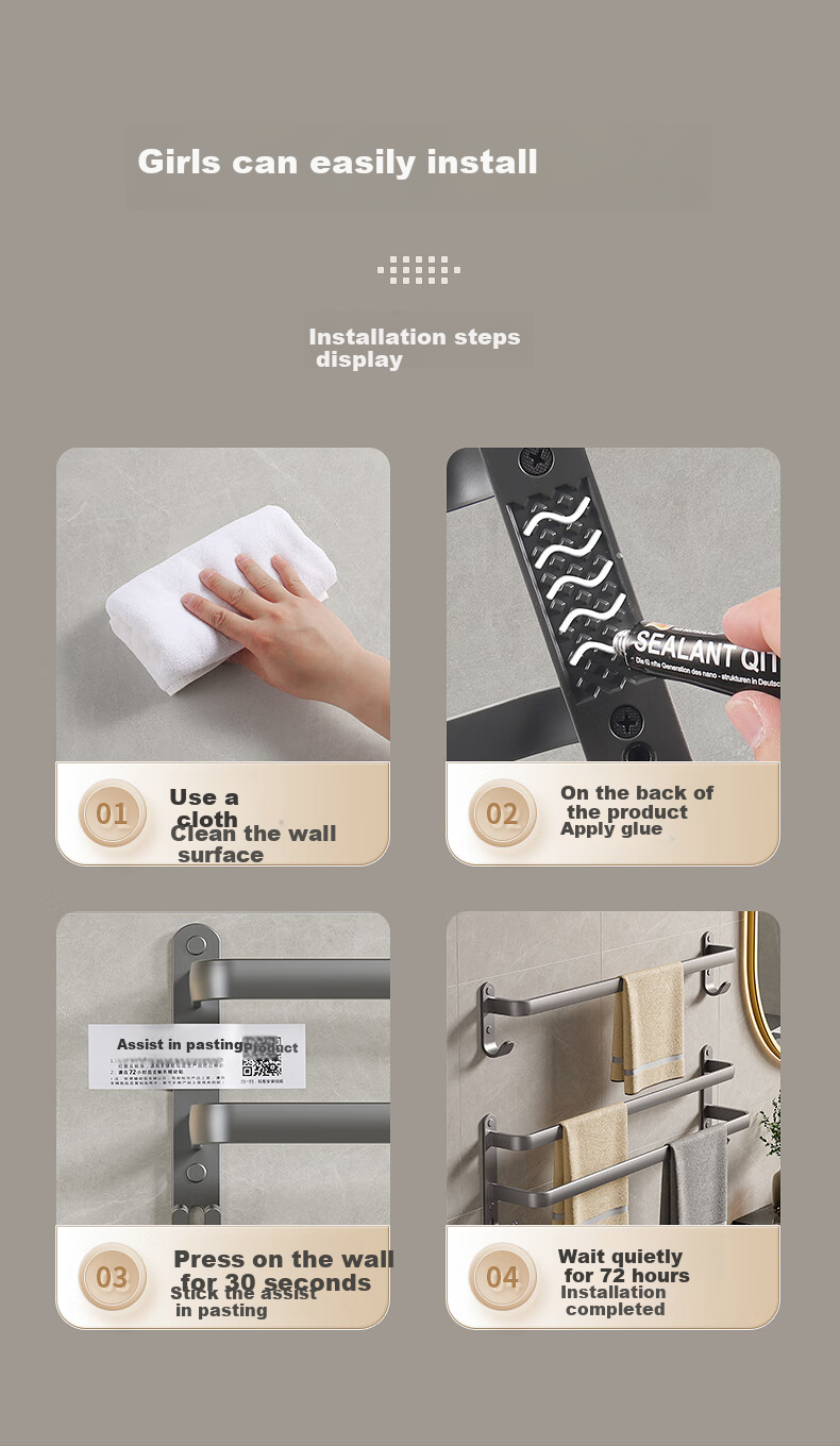 Baihan Towel Rack, Bathroom Storage Shelf, No Drilling Required, Toilet Washroom Hanging Accessories Set, Bathroom Storage Organizer 13